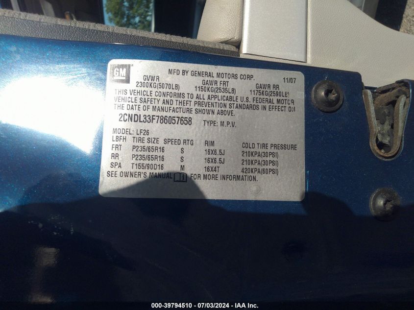 2008 Chevrolet Equinox Lt VIN: 2CNDL33F786057658 Lot: 39794510