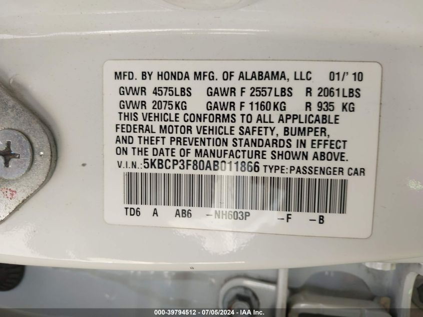 2010 Honda Accord 3.5 Ex-L VIN: 5KBCP3F80AB011866 Lot: 39794512