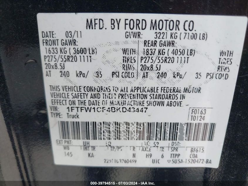 2011 Ford F-150 King Ranch VIN: 1FTFW1CF4BKD43447 Lot: 39794515