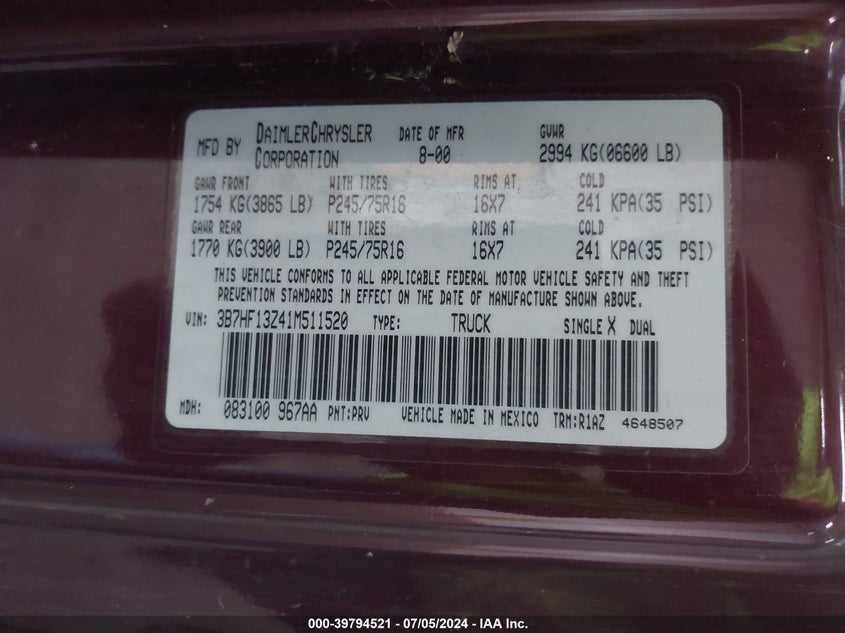 2001 Dodge Ram 1500 St VIN: 3B7HF13Z41M511520 Lot: 39794521
