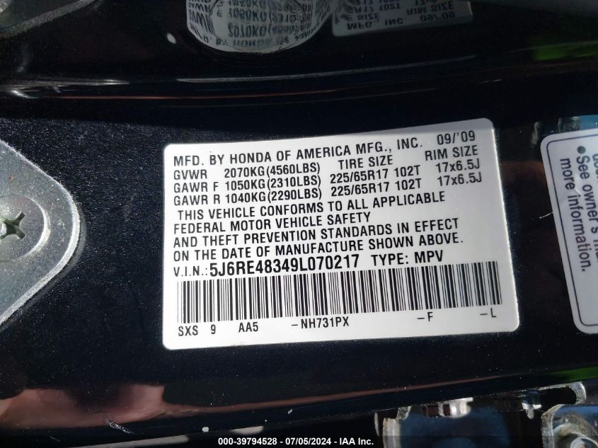 2009 Honda Cr-V Lx VIN: 5J6RE48349L070217 Lot: 39794528
