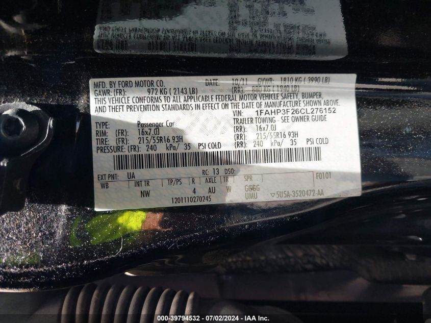 1FAHP3F26CL276152 | 2012 FORD FOCUS