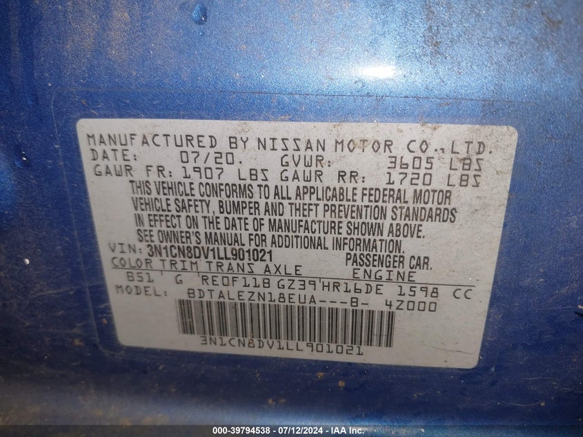 2020 Nissan Versa S Xtronic Cvt VIN: 3N1CN8DV1LL901021 Lot: 39794538