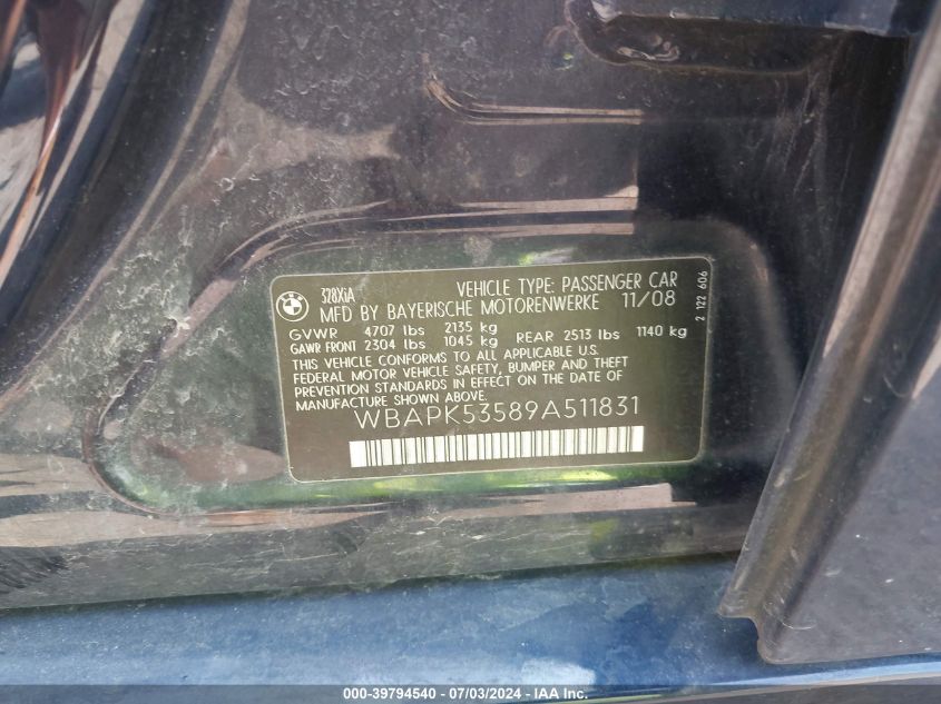 2009 BMW 328I xDrive VIN: WBAPK53589A511831 Lot: 39794540