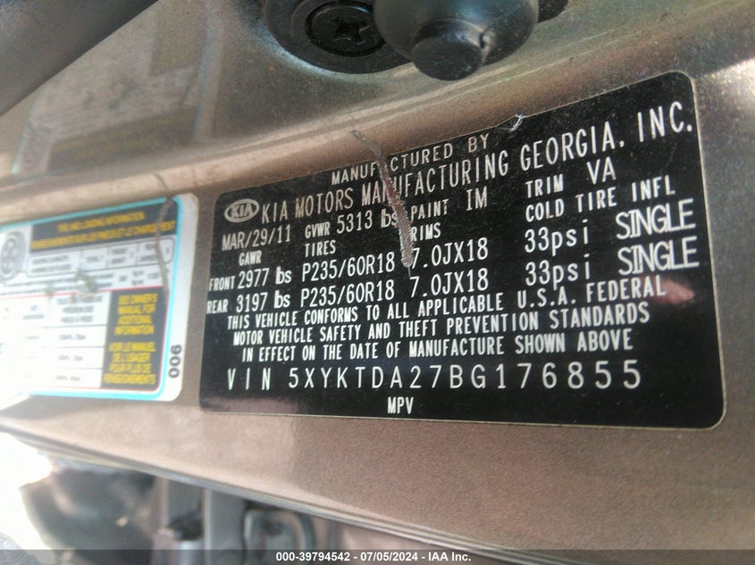 2011 Kia Sorento Lx V6 VIN: 5XYKTDA27BG176855 Lot: 39794542