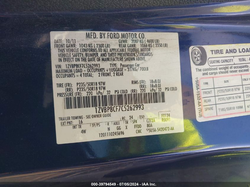 2012 Ford Mustang Gt Premium VIN: 1ZVBP8CF7C5262993 Lot: 39794549