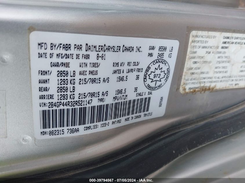 2002 Dodge Grand Caravan Sport VIN: 2B4GP44R32R521147 Lot: 39794567