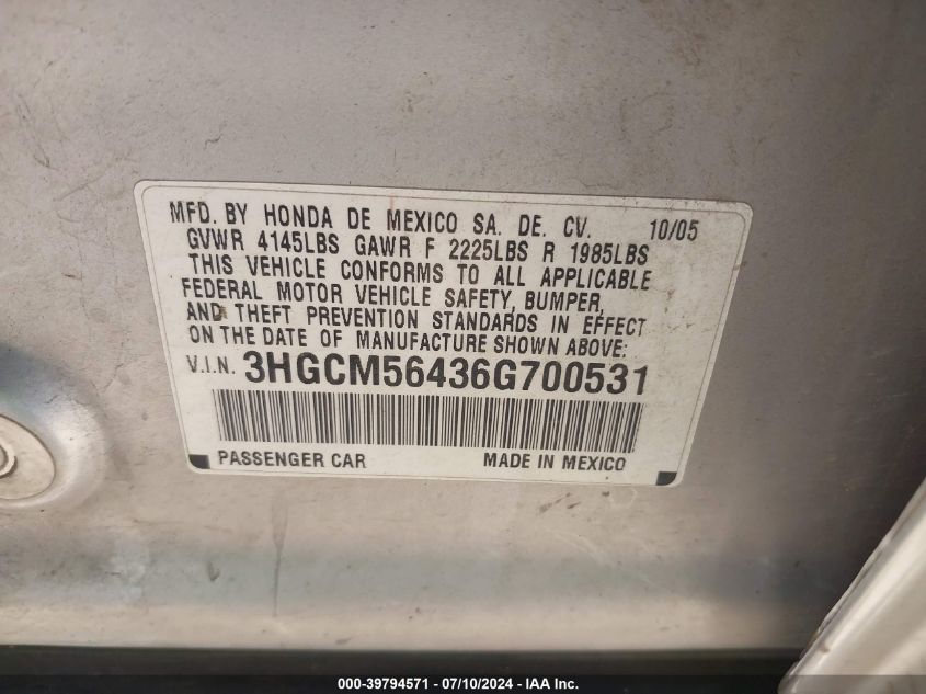 2006 Honda Accord 2.4 Lx VIN: 3HGCM56436G700531 Lot: 39794571