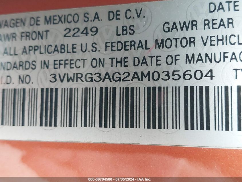 2010 Volkswagen New Beetle 2.5L Red Rock Edition VIN: 3VWRG3AG2AM035604 Lot: 39794580