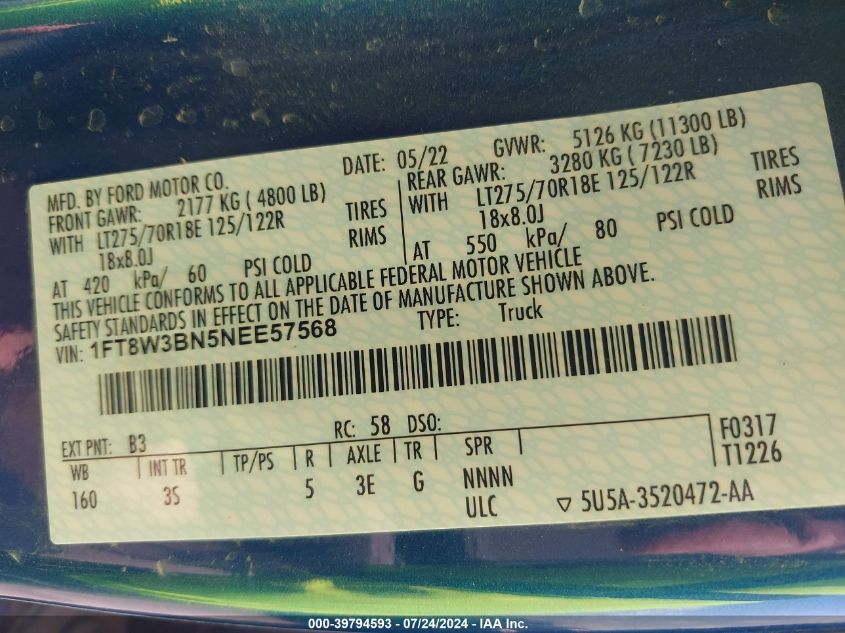 2022 Ford F350 Super Duty VIN: 1FT8W3BN5NEE57568 Lot: 39794593