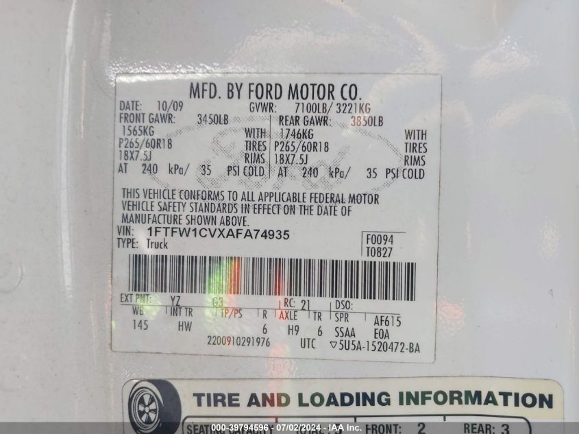 2010 Ford F-150 Fx2 Sport/Harley-Davidson/King Ranch/Lariat/Platinum/Xl/Xlt VIN: 1FTFW1CVXAFA74935 Lot: 39794596