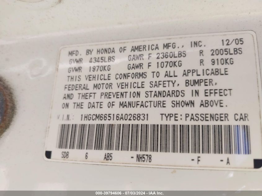 2006 Honda Accord 3.0 Ex VIN: 1HGCM66516A026831 Lot: 39794606