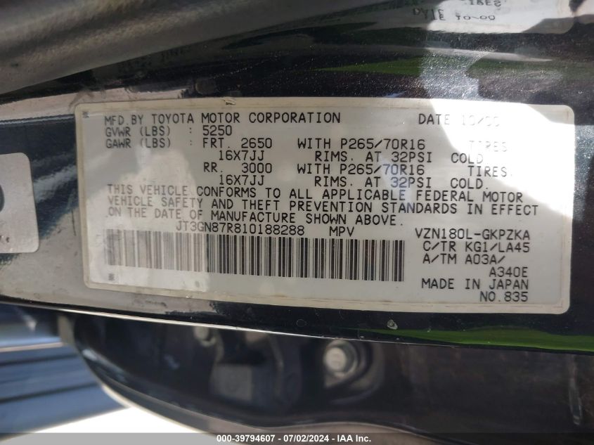 JT3GN87R810188288 2001 Toyota 4Runner Limited V6