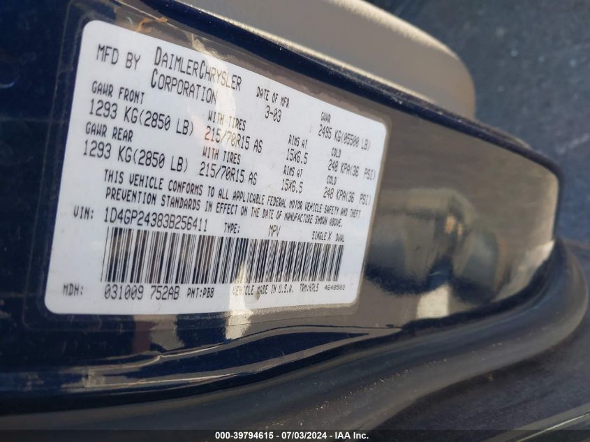 2003 Dodge Grand Caravan Se VIN: 1D4GP24383B256411 Lot: 39794615