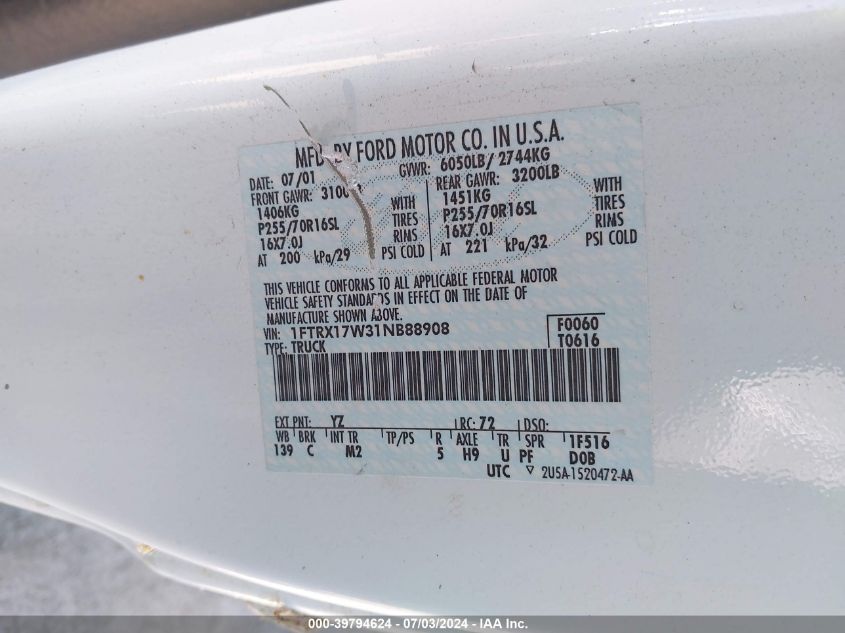 2001 Ford F-150 Lariat/Xl/Xlt VIN: 1FTRX17W31NB88908 Lot: 39794624