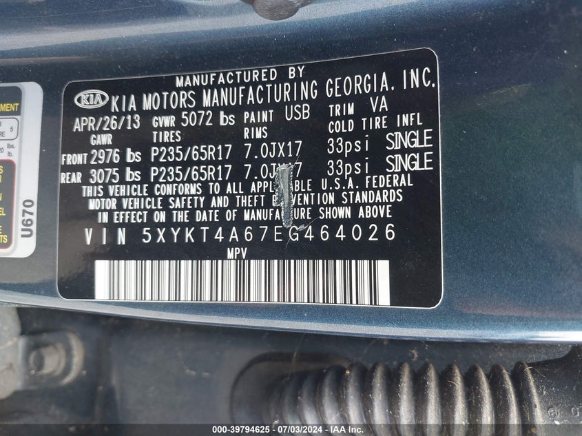 2014 Kia Sorento Lx VIN: 5XYKT4A67EG464026 Lot: 39794625