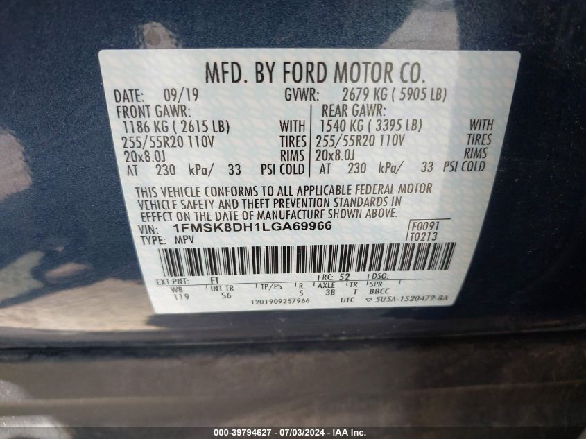 2020 Ford Explorer Xlt VIN: 1FMSK8DH1LGA69966 Lot: 39794627