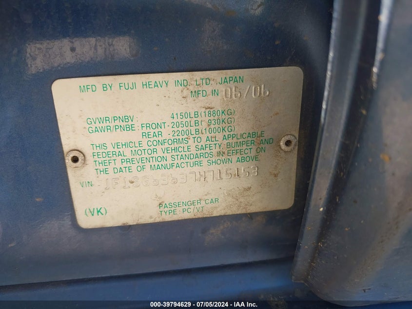 2007 Subaru Forester 2.5X VIN: JF1SG63637H715153 Lot: 39794629