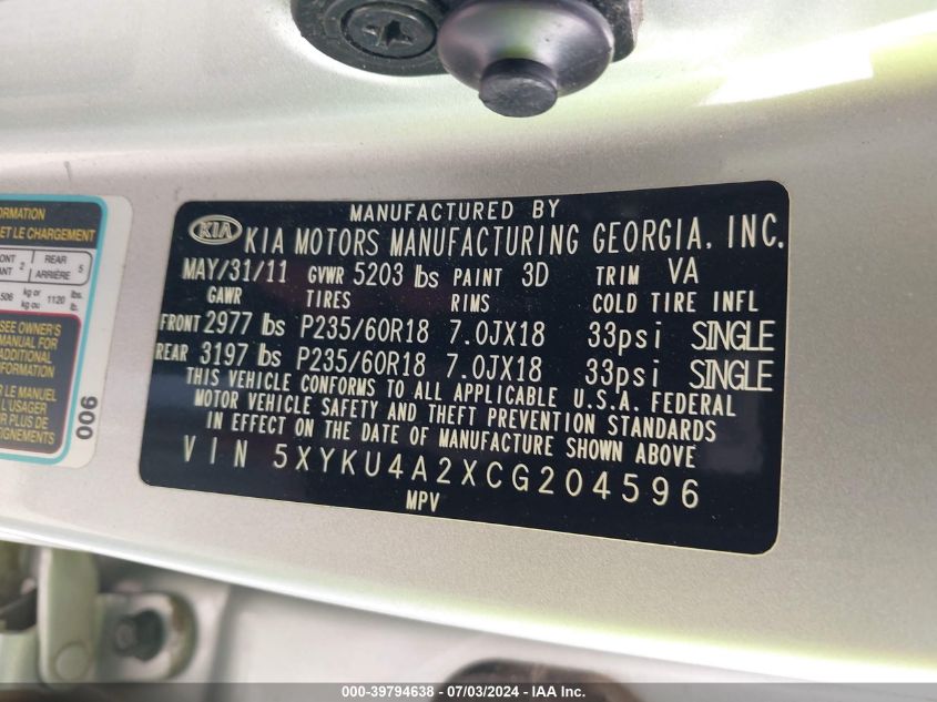 2012 Kia Sorento Ex V6 VIN: 5XYKU4A2XCG204596 Lot: 39794638