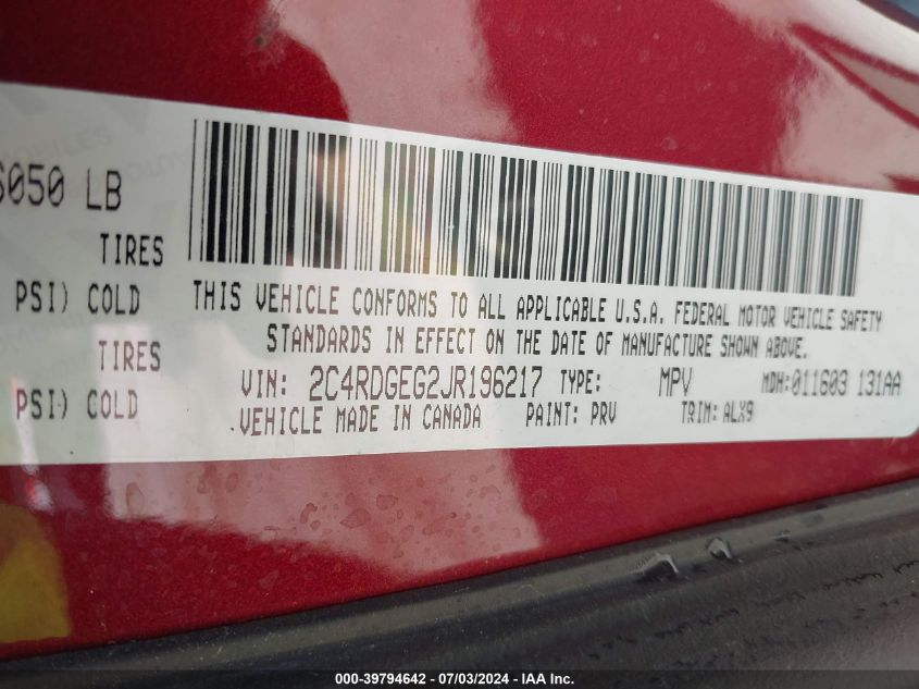 2018 Dodge Grand Caravan Gt VIN: 2C4RDGEG2JR196217 Lot: 39794642