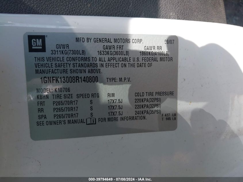 2008 Chevrolet Tahoe K1500 VIN: 1GNFK13008R140800 Lot: 39794649