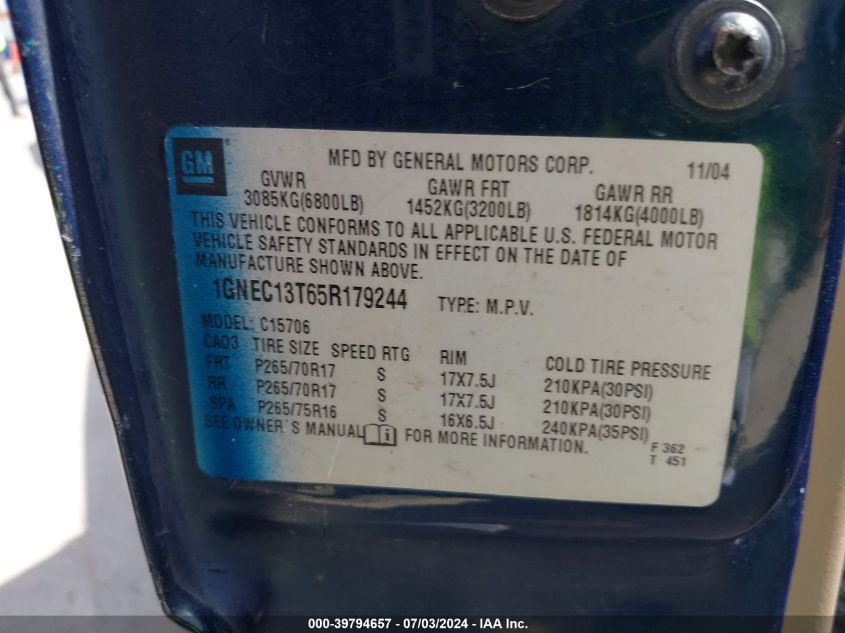 2005 Chevrolet Tahoe Z71 VIN: 1GNEC13T65R179244 Lot: 39794657