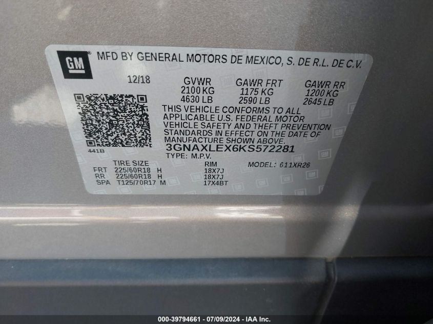 2019 Chevrolet Equinox Lt VIN: 3GNAXLEX6KS572281 Lot: 39794661