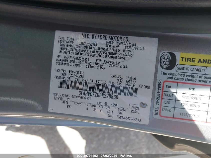 2008 Ford Fusion Se VIN: 3FAHP07Z08R228830 Lot: 39794692