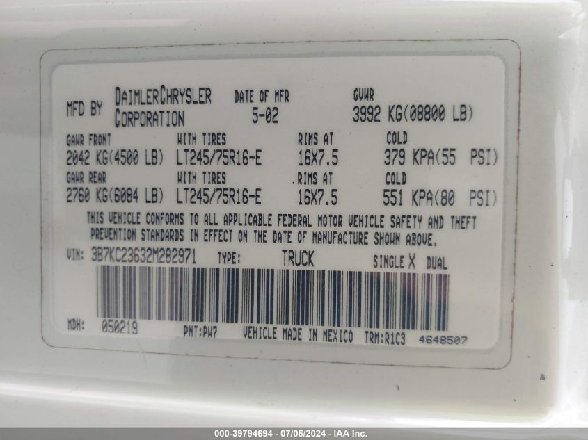 2002 Dodge Ram 2500 St VIN: 3B7KC23632M282971 Lot: 39794694