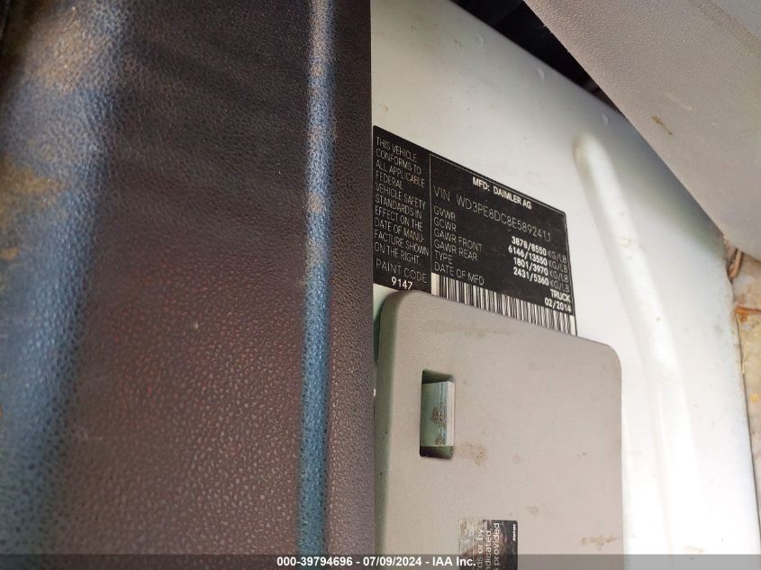 2014 Mercedes-Benz Sprinter 2500 High Roof VIN: WD3PE8DC8E5892411 Lot: 39794696