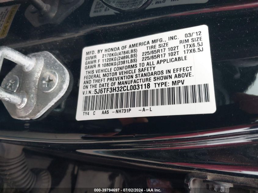 2012 Honda Crosstour 2.4 Ex VIN: 5J6TF3H32CL003118 Lot: 39794697