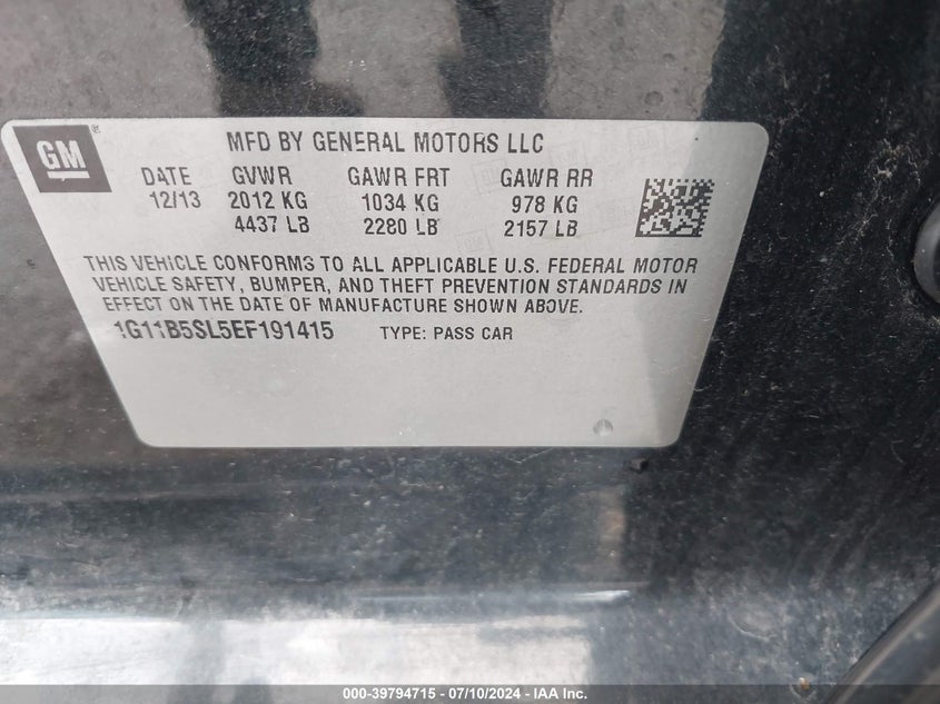 2014 CHEVROLET MALIBU 1LS - 1G11B5SL5EF191415