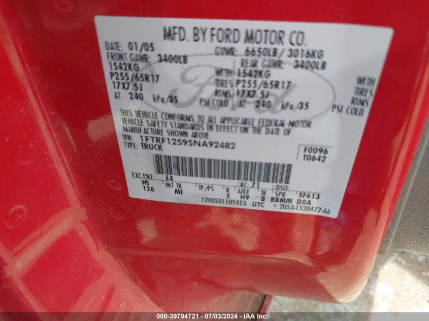 2005 Ford F150 VIN: 1FTRF12595NA92482 Lot: 39794721