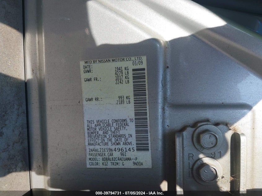 2009 Nissan Altima 2.5 S VIN: 1N4AL21E59N496145 Lot: 39794731