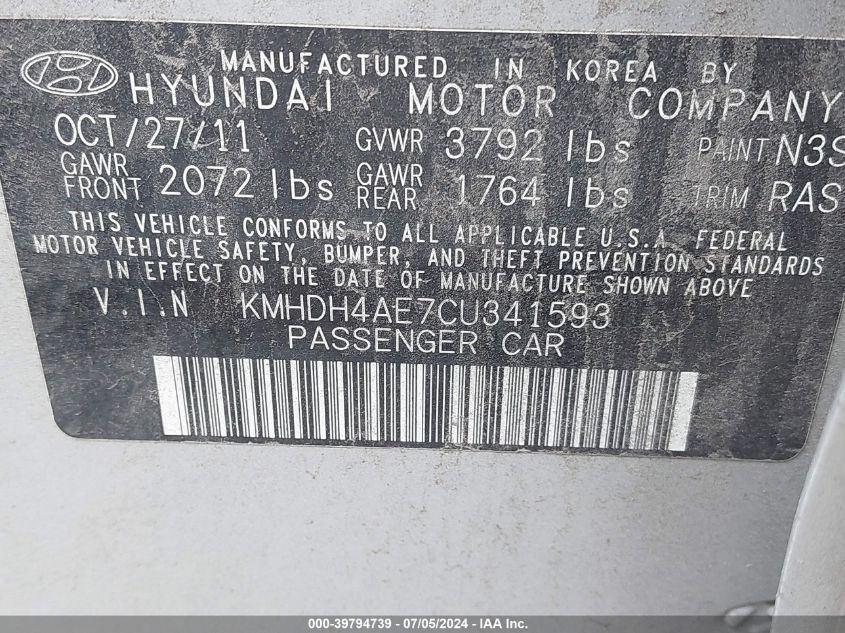 2012 Hyundai Elantra Limited (Ulsan Plant) VIN: KMHDH4AE7CU341593 Lot: 39794739