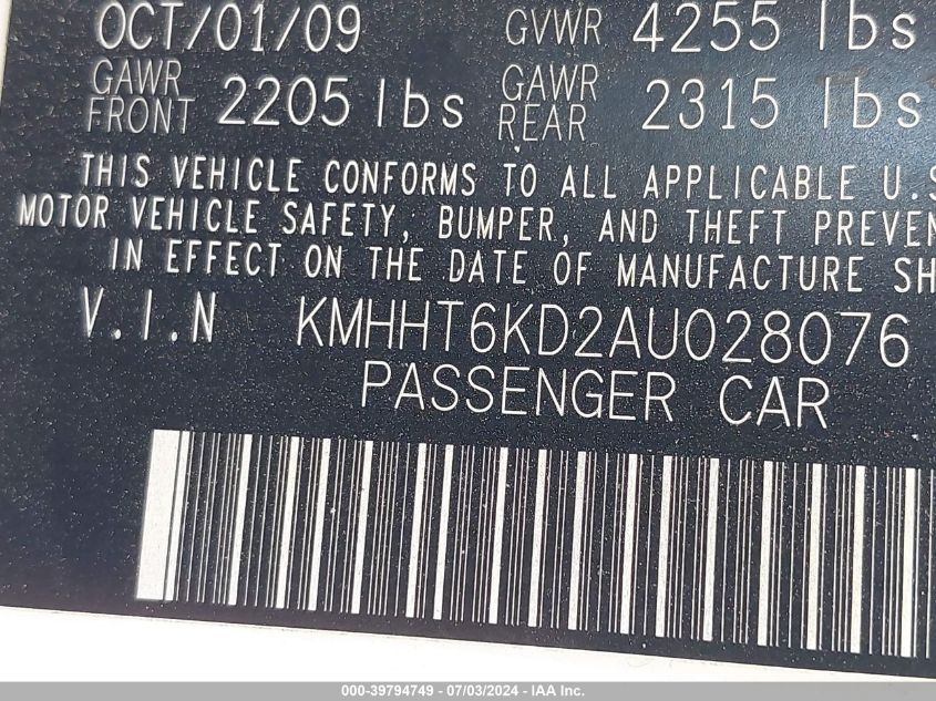 2010 Hyundai Genesis 2.0T VIN: KMHHT6KD2AU028076 Lot: 39794749