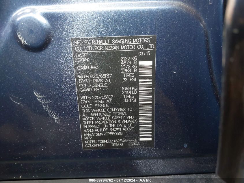 2015 Nissan Rogue Sv VIN: KNMAT2MV7FP550518 Lot: 39794762