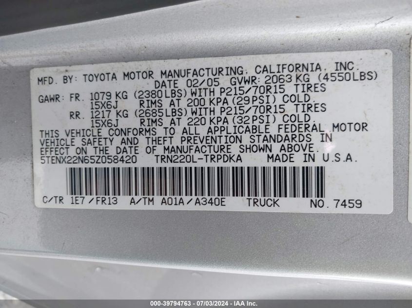 2005 Toyota Tacoma VIN: 5TENX22N65Z058420 Lot: 39794763