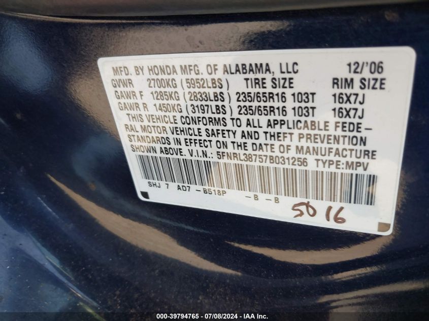 2007 Honda Odyssey Ex-L VIN: 5FNRL38757B031256 Lot: 39794765