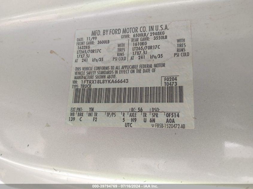 2000 Ford F-150 Lariat/Work Series/Xl/Xlt VIN: 1FTRX18L8YKA66643 Lot: 39794769