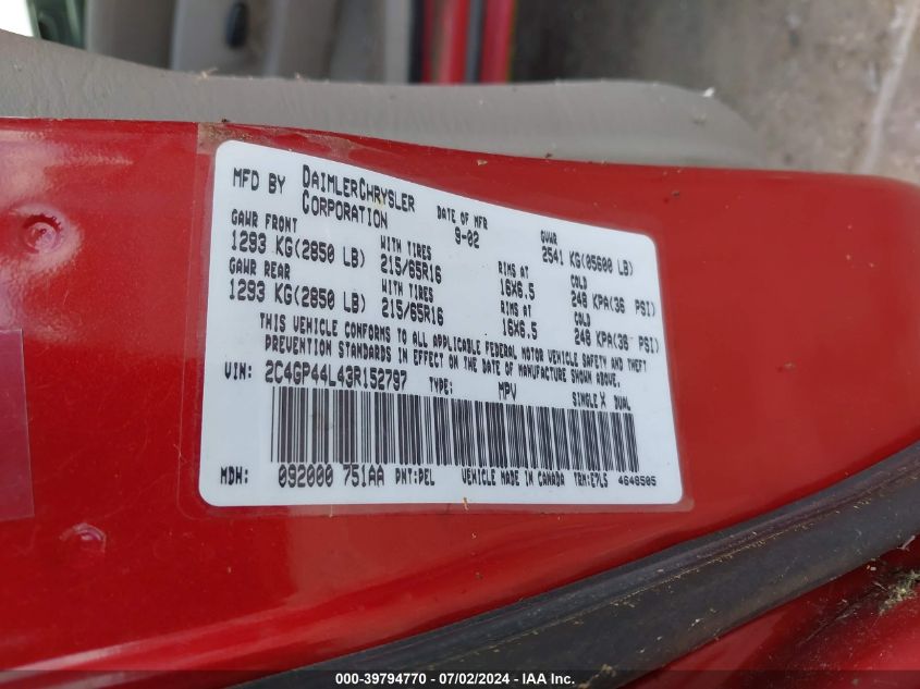 2003 Chrysler Town & Country Lx VIN: 2C4GP44L43R152797 Lot: 39794770