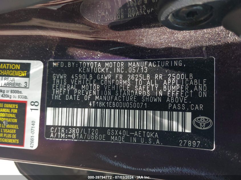 4T1BK1EB0DU050071 2013 Toyota Avalon Xle Touring