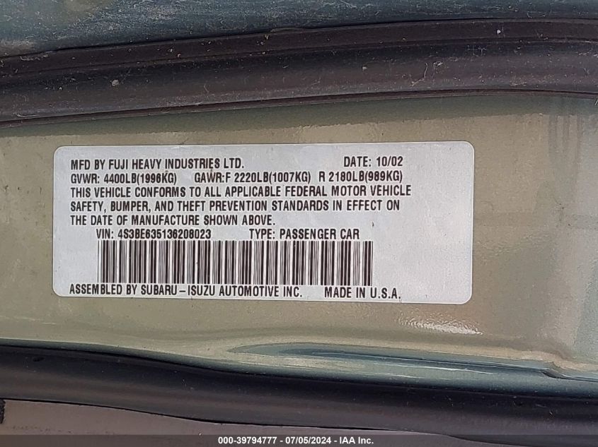 2003 Subaru Legacy L/L W/Special Edition Package VIN: 4S3BE635136208023 Lot: 39794777