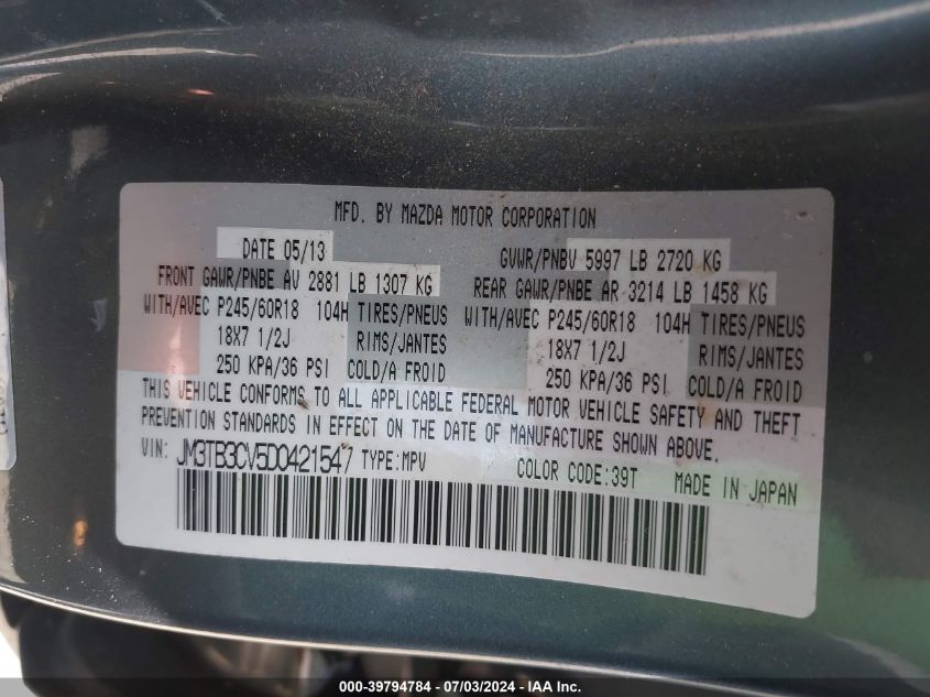 2013 Mazda Cx-9 Touring VIN: JM3TB3CV5D0421547 Lot: 39794784