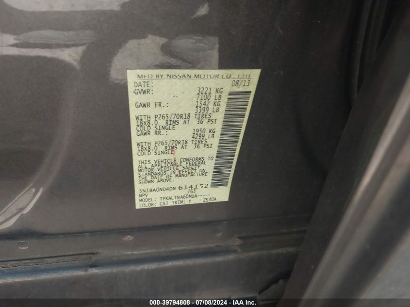 2013 Nissan Armada Sv/Sl/Platinum VIN: 5N1BA0ND4DN614152 Lot: 39794808