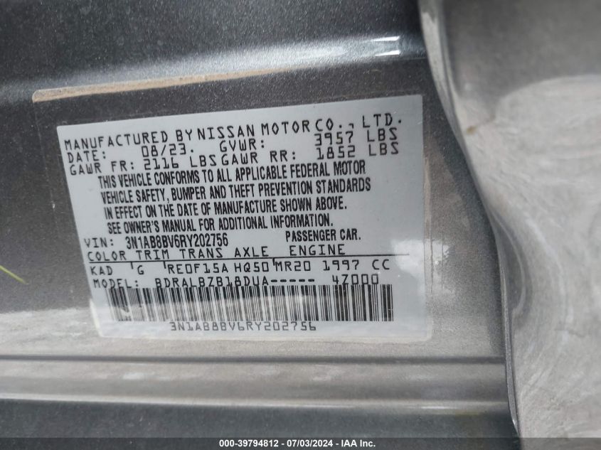 2024 Nissan Sentra S Xtronic Cvt VIN: 3N1AB8BV6RY202756 Lot: 39794812