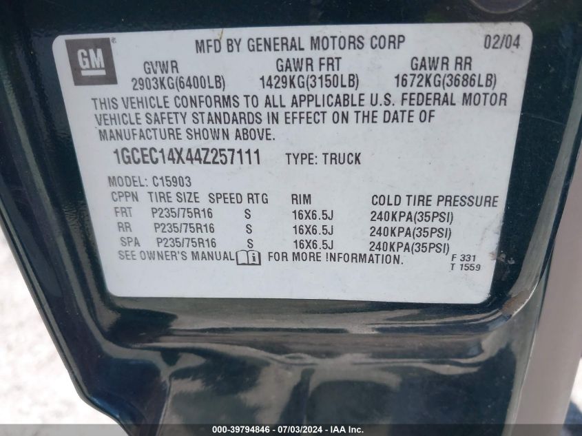 2004 Chevrolet Silverado 1500 Work Truck VIN: 1GCEC14X44Z257111 Lot: 39794846