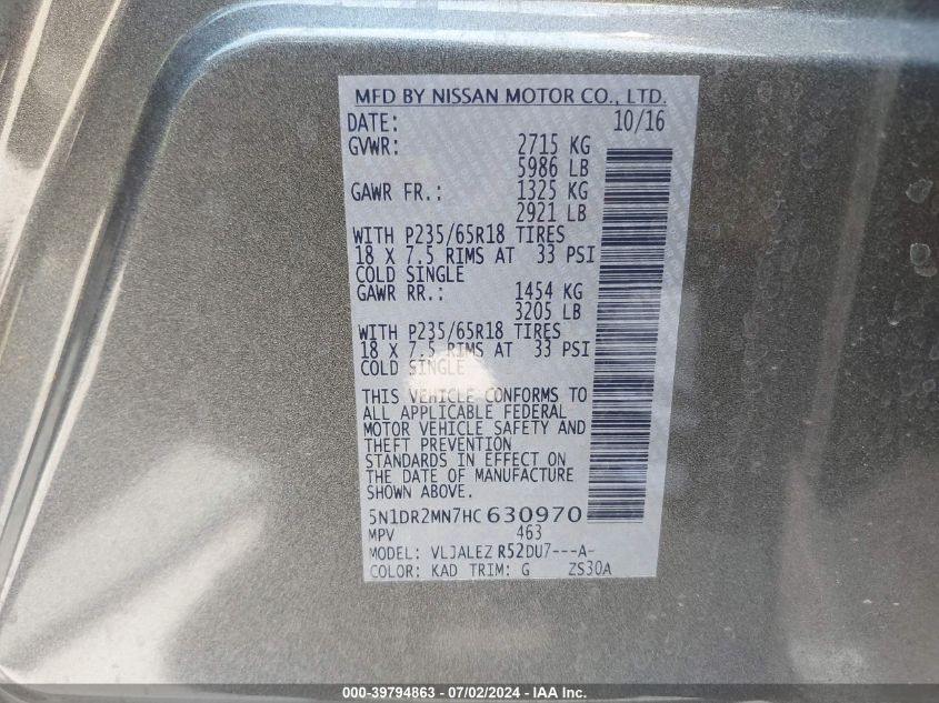 2017 Nissan Pathfinder Sv VIN: 5N1DR2MN7HC630970 Lot: 39794863