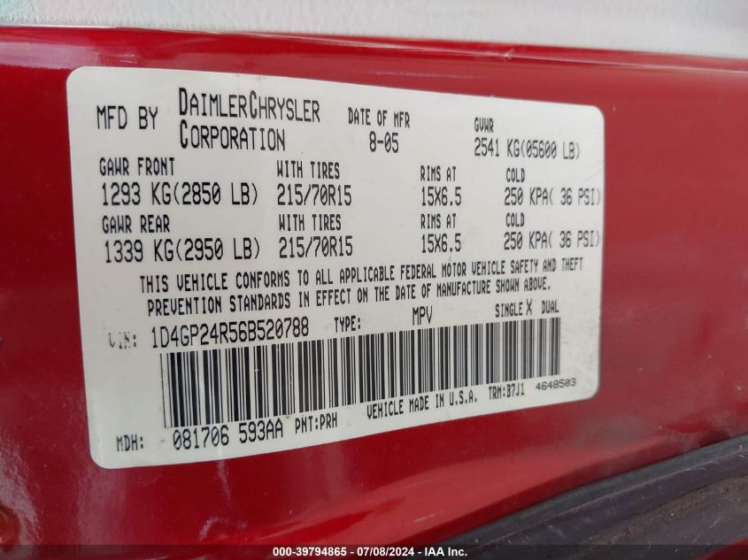 2006 Dodge Grand Caravan Se VIN: 1D4GP24R56B520788 Lot: 39794865