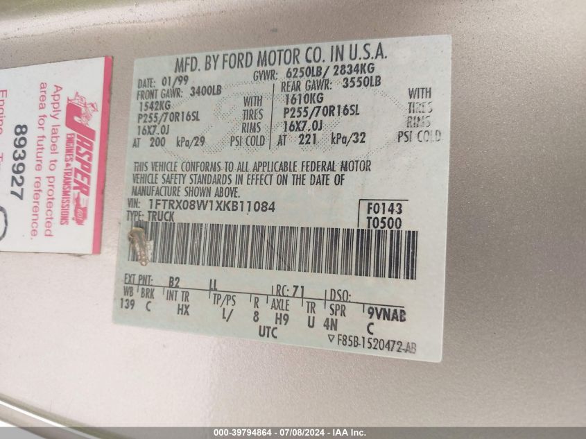 1999 Ford F-150 Lariat/Xl/Xlt VIN: 1FTRX08W1XKB11084 Lot: 39794864